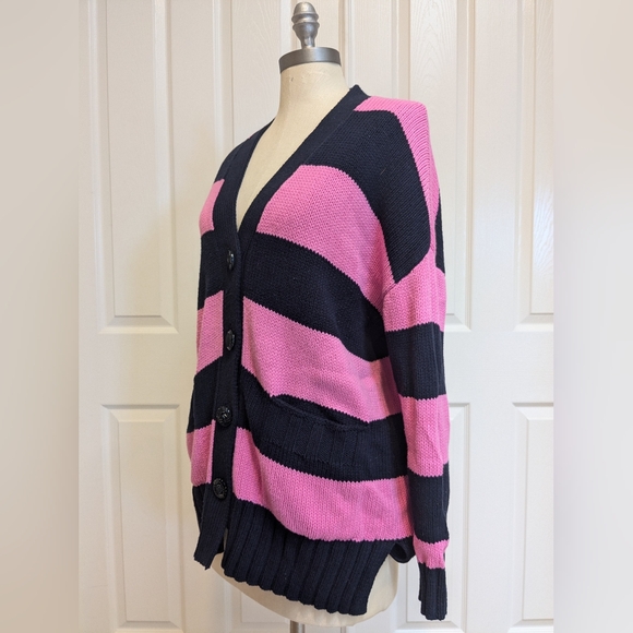 Handmade No Tag Baggy Pink & Navy Blue Cardigan Custom Buttons L - Picture 2 of 5